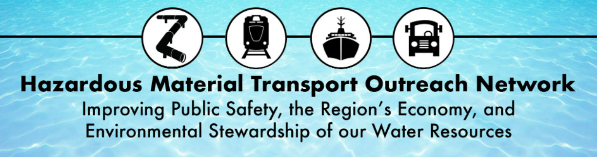 Pipeline, rail, vessel, and truck icons with short tagline for the Hazardous Material Transport Outreach Network.