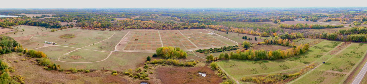 Aerial view of Cedar Creek's long-term experiments in the fall. Photo by Forest Isbell.